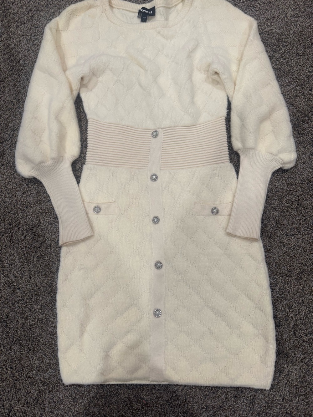 Express Cream Long Sleeve Knit Dress with Ribbed Waist and Button Front